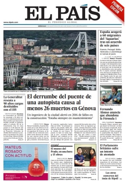 Portada de 'El País' del 15 de agosto de 2018.