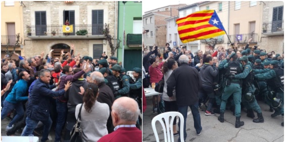 A la izquierda, imagen original tomada el 1 de octubre. A la derecha, fotomontaje anónimo difundido en redes sociales.