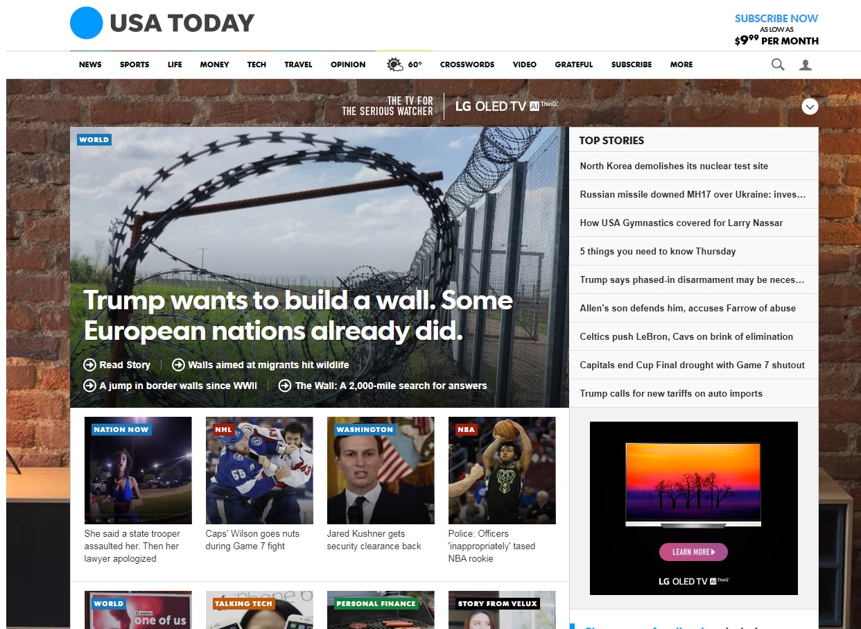 Portada de la versión estadounidense de USA Today.